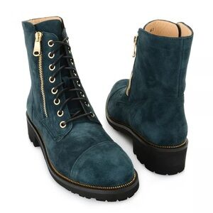 Ron White The Tiffany Dark Green Suede Lace-Up Boots With Side Zippers